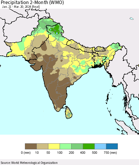 Southern Asia Precipitation 2-Month (WMO) Thematic Map For 1/21/2024 - 3/20/2024