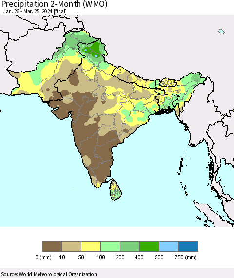 Southern Asia Precipitation 2-Month (WMO) Thematic Map For 1/26/2024 - 3/25/2024