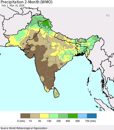 Southern Asia Precipitation 2-Month (WMO) Thematic Map For 2/1/2024 - 3/31/2024