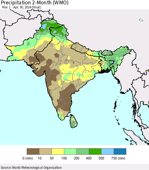 Southern Asia Precipitation 2-Month (WMO) Thematic Map For 3/1/2024 - 4/30/2024