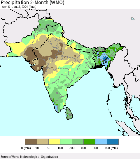 Southern Asia Precipitation 2-Month (WMO) Thematic Map For 4/6/2024 - 6/5/2024