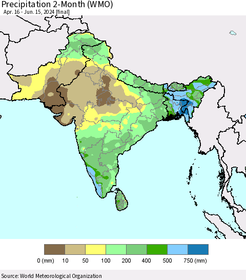 Southern Asia Precipitation 2-Month (WMO) Thematic Map For 4/16/2024 - 6/15/2024