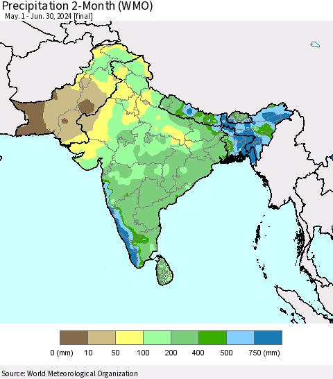 Southern Asia Precipitation 2-Month (WMO) Thematic Map For 5/1/2024 - 6/30/2024