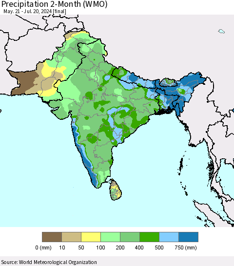 Southern Asia Precipitation 2-Month (WMO) Thematic Map For 5/21/2024 - 7/20/2024