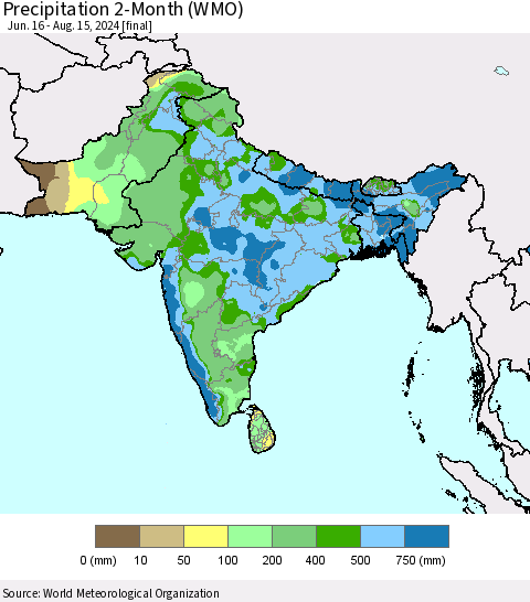 Southern Asia Precipitation 2-Month (WMO) Thematic Map For 6/16/2024 - 8/15/2024