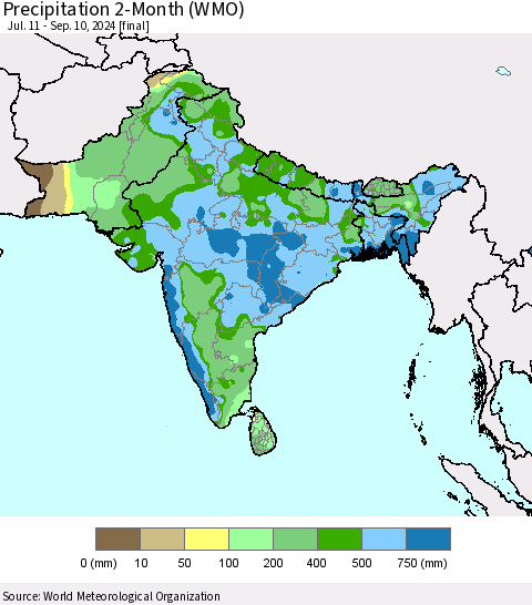 Southern Asia Precipitation 2-Month (WMO) Thematic Map For 7/11/2024 - 9/10/2024