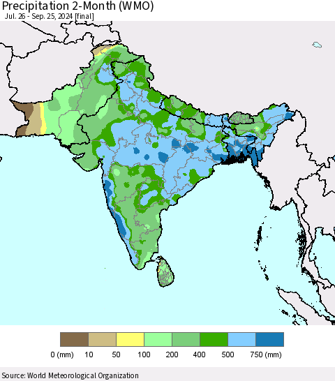 Southern Asia Precipitation 2-Month (WMO) Thematic Map For 7/26/2024 - 9/25/2024