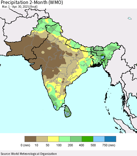 Southern Asia Precipitation 2-Month (WMO) Thematic Map For 3/1/2025 - 4/30/2025