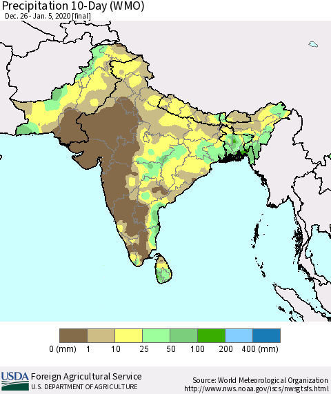Southern Asia Precipitation 10-Day (WMO) Thematic Map For 12/26/2019 - 1/5/2020