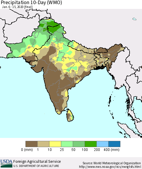 Southern Asia Precipitation 10-Day (WMO) Thematic Map For 1/6/2020 - 1/15/2020