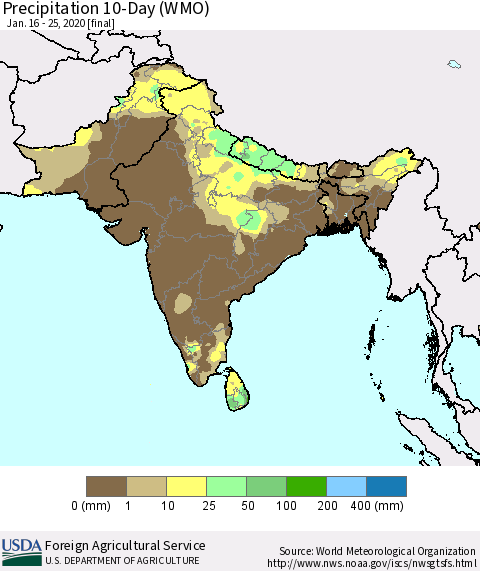 Southern Asia Precipitation 10-Day (WMO) Thematic Map For 1/16/2020 - 1/25/2020