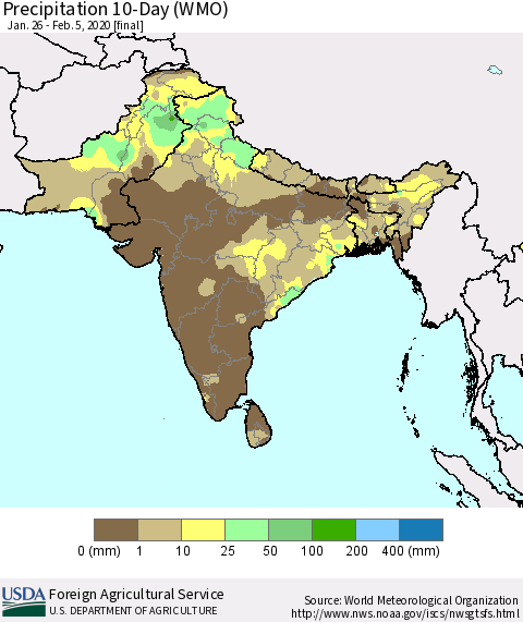 Southern Asia Precipitation 10-Day (WMO) Thematic Map For 1/26/2020 - 2/5/2020