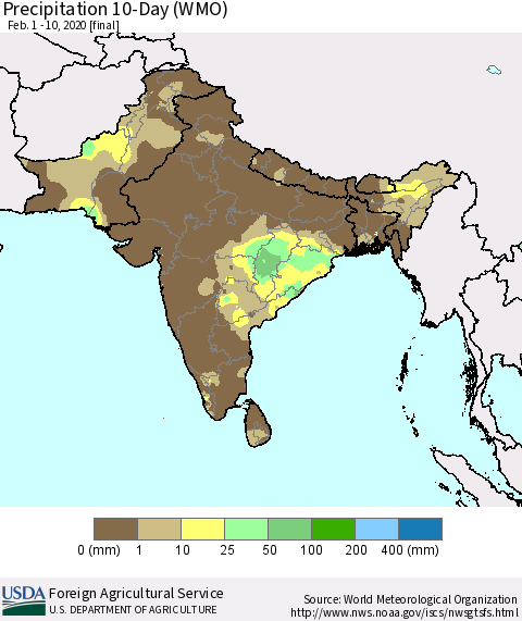Southern Asia Precipitation 10-Day (WMO) Thematic Map For 2/1/2020 - 2/10/2020