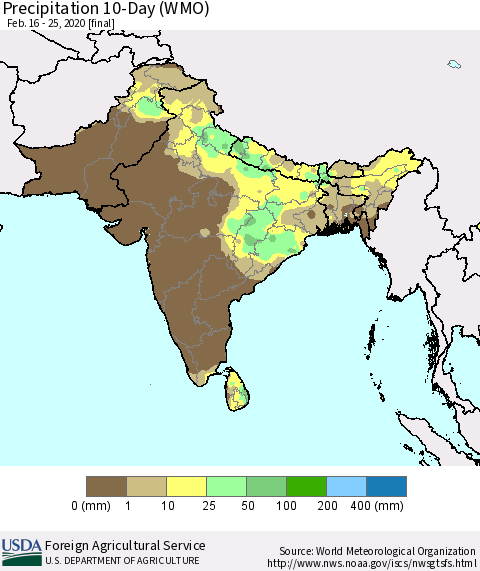 Southern Asia Precipitation 10-Day (WMO) Thematic Map For 2/16/2020 - 2/25/2020