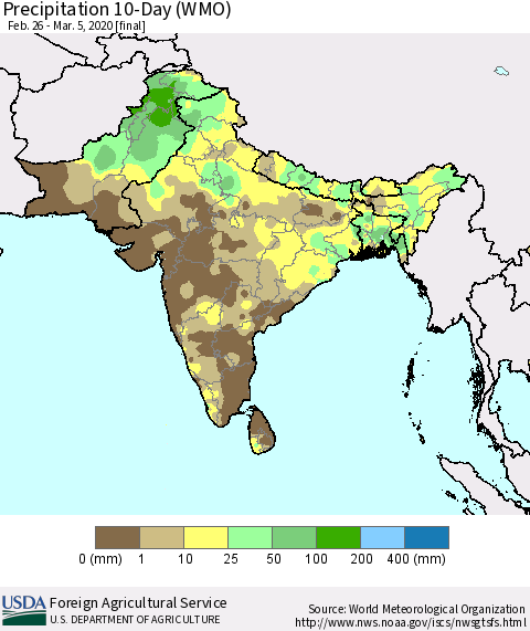 Southern Asia Precipitation 10-Day (WMO) Thematic Map For 2/26/2020 - 3/5/2020
