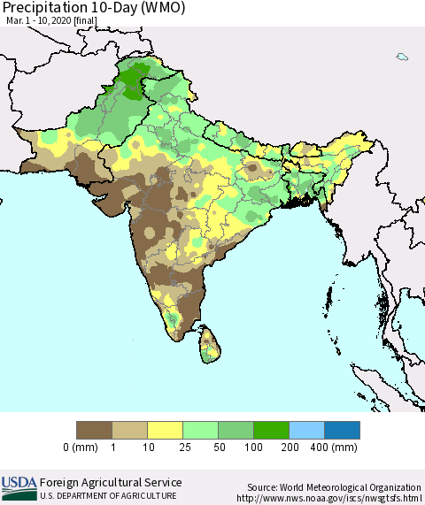 Southern Asia Precipitation 10-Day (WMO) Thematic Map For 3/1/2020 - 3/10/2020