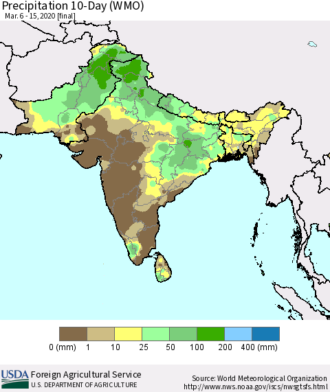 Southern Asia Precipitation 10-Day (WMO) Thematic Map For 3/6/2020 - 3/15/2020