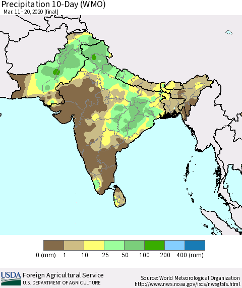 Southern Asia Precipitation 10-Day (WMO) Thematic Map For 3/11/2020 - 3/20/2020