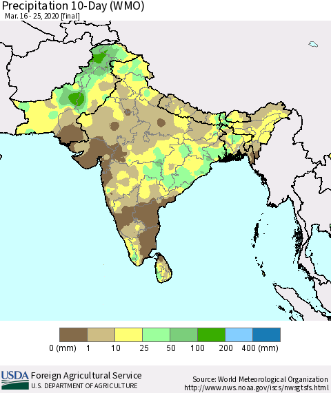Southern Asia Precipitation 10-Day (WMO) Thematic Map For 3/16/2020 - 3/25/2020