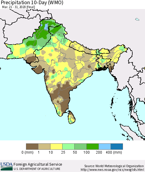 Southern Asia Precipitation 10-Day (WMO) Thematic Map For 3/21/2020 - 3/31/2020