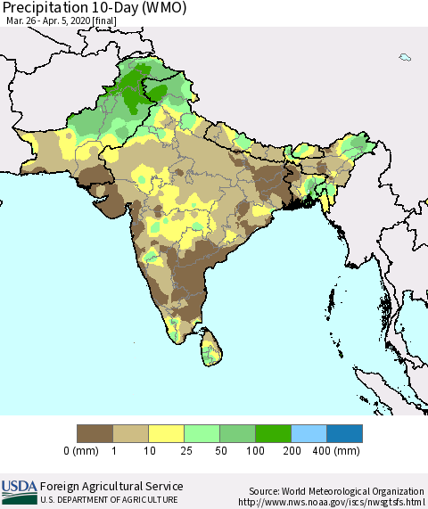 Southern Asia Precipitation 10-Day (WMO) Thematic Map For 3/26/2020 - 4/5/2020