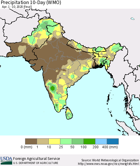Southern Asia Precipitation 10-Day (WMO) Thematic Map For 4/1/2020 - 4/10/2020