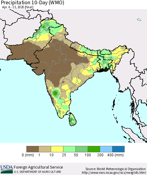 Southern Asia Precipitation 10-Day (WMO) Thematic Map For 4/6/2020 - 4/15/2020
