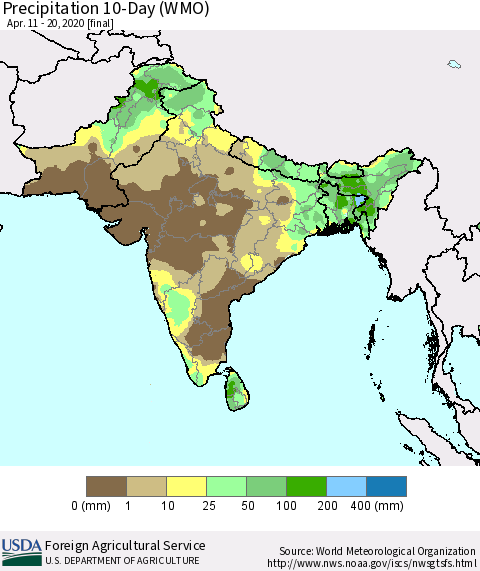 Southern Asia Precipitation 10-Day (WMO) Thematic Map For 4/11/2020 - 4/20/2020
