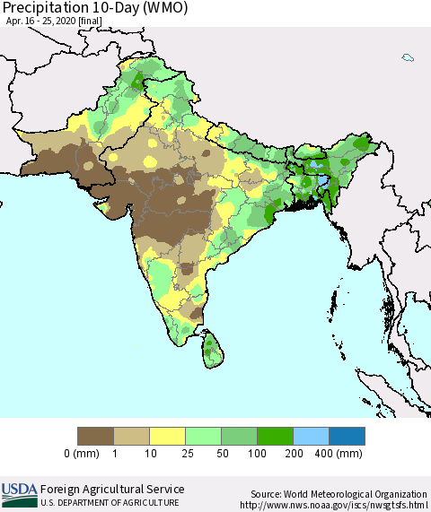 Southern Asia Precipitation 10-Day (WMO) Thematic Map For 4/16/2020 - 4/25/2020
