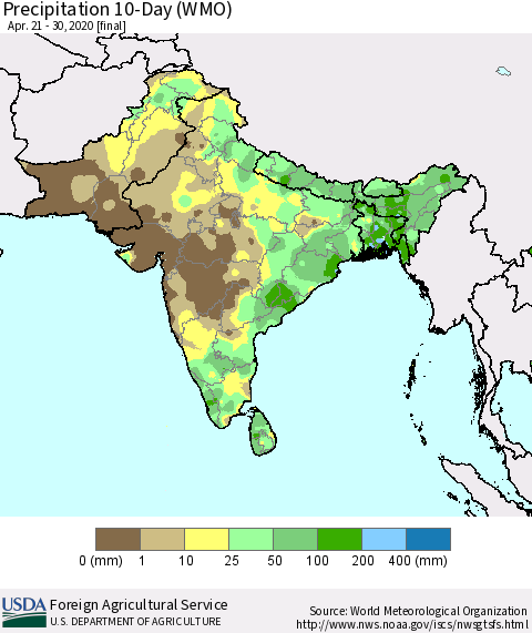 Southern Asia Precipitation 10-Day (WMO) Thematic Map For 4/21/2020 - 4/30/2020