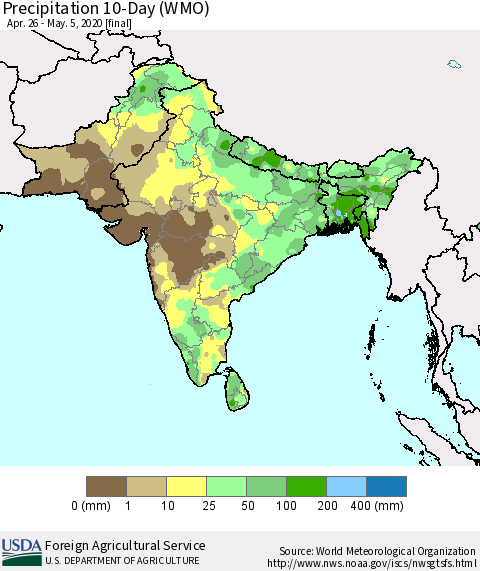 Southern Asia Precipitation 10-Day (WMO) Thematic Map For 4/26/2020 - 5/5/2020