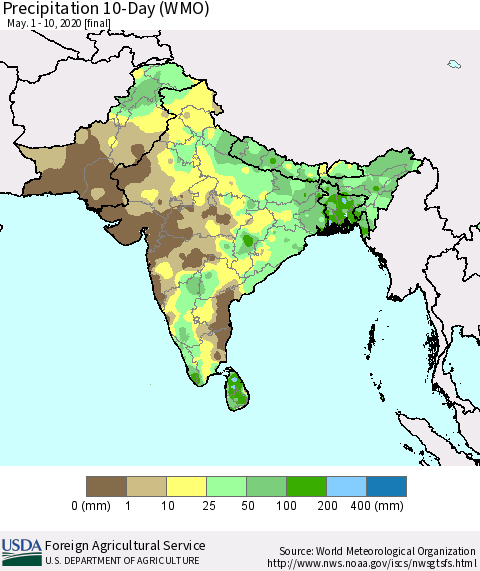 Southern Asia Precipitation 10-Day (WMO) Thematic Map For 5/1/2020 - 5/10/2020