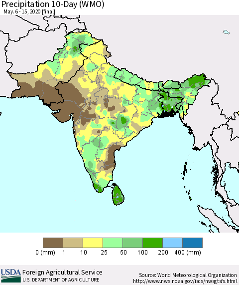 Southern Asia Precipitation 10-Day (WMO) Thematic Map For 5/6/2020 - 5/15/2020