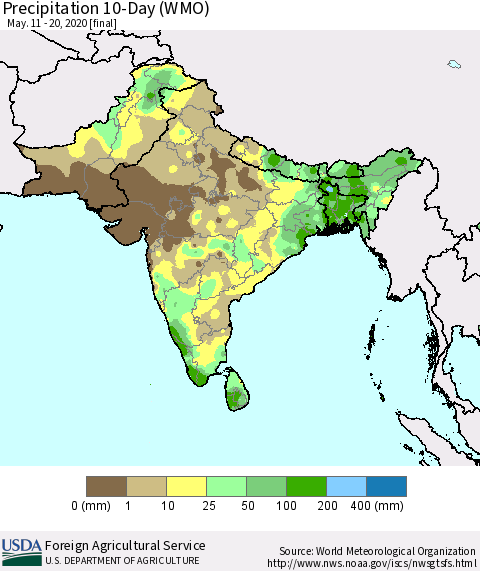 Southern Asia Precipitation 10-Day (WMO) Thematic Map For 5/11/2020 - 5/20/2020