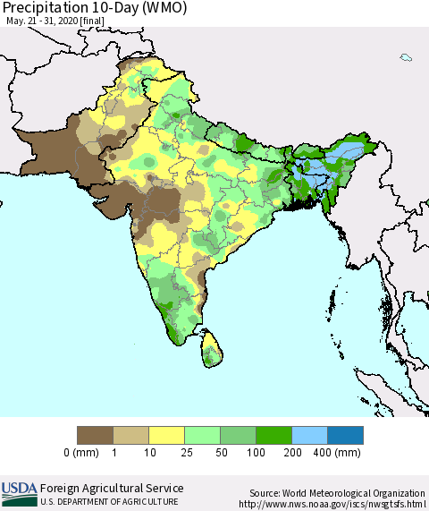 Southern Asia Precipitation 10-Day (WMO) Thematic Map For 5/21/2020 - 5/31/2020