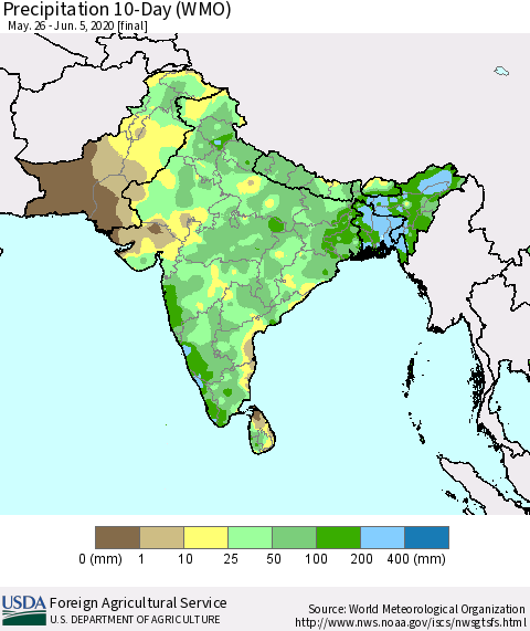 Southern Asia Precipitation 10-Day (WMO) Thematic Map For 5/26/2020 - 6/5/2020