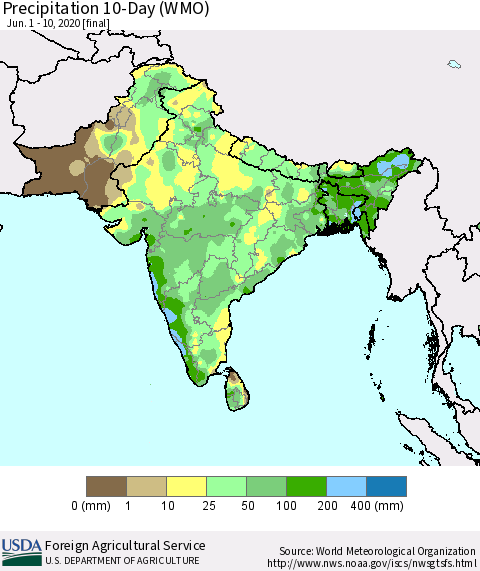 Southern Asia Precipitation 10-Day (WMO) Thematic Map For 6/1/2020 - 6/10/2020