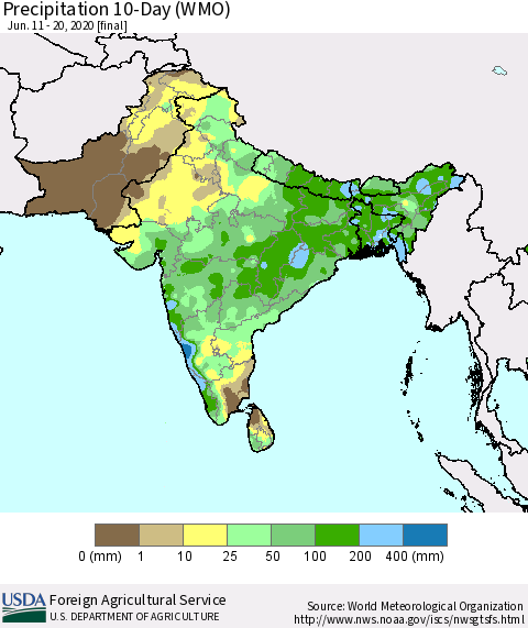 Southern Asia Precipitation 10-Day (WMO) Thematic Map For 6/11/2020 - 6/20/2020
