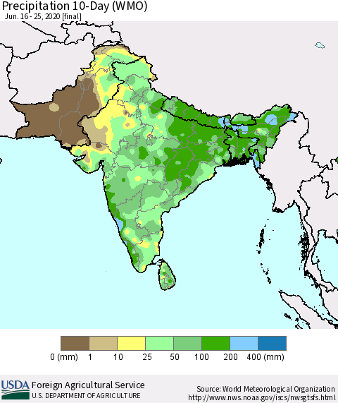Southern Asia Precipitation 10-Day (WMO) Thematic Map For 6/16/2020 - 6/25/2020