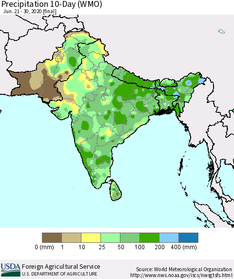 Southern Asia Precipitation 10-Day (WMO) Thematic Map For 6/21/2020 - 6/30/2020