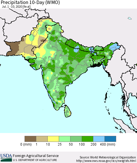 Southern Asia Precipitation 10-Day (WMO) Thematic Map For 7/1/2020 - 7/10/2020