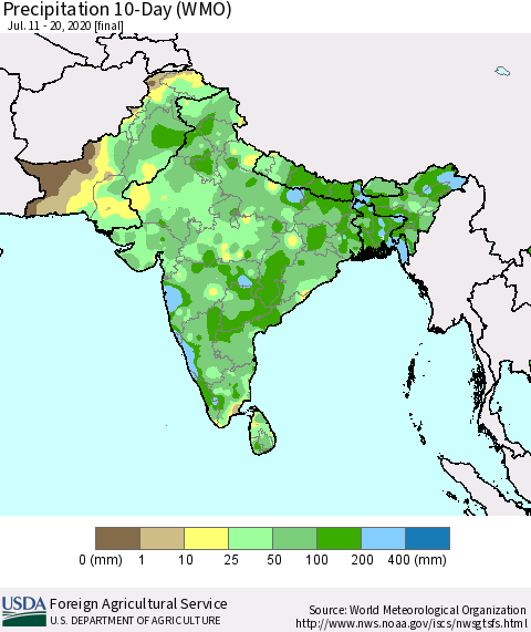 Southern Asia Precipitation 10-Day (WMO) Thematic Map For 7/11/2020 - 7/20/2020