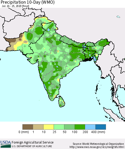 Southern Asia Precipitation 10-Day (WMO) Thematic Map For 7/16/2020 - 7/25/2020