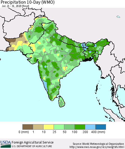 Southern Asia Precipitation 10-Day (WMO) Thematic Map For 7/21/2020 - 7/31/2020