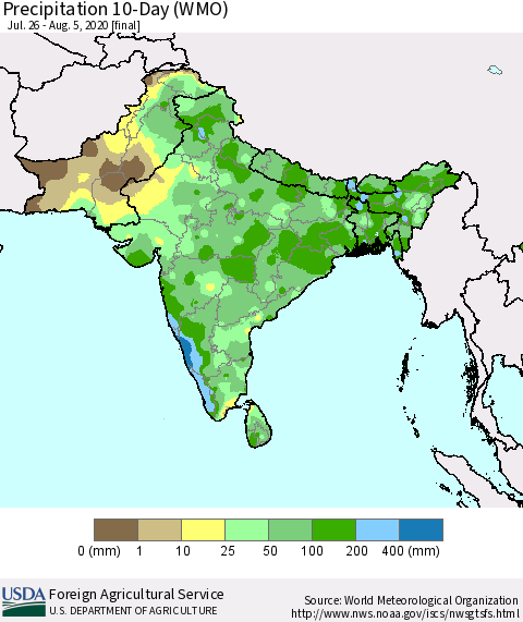 Southern Asia Precipitation 10-Day (WMO) Thematic Map For 7/26/2020 - 8/5/2020