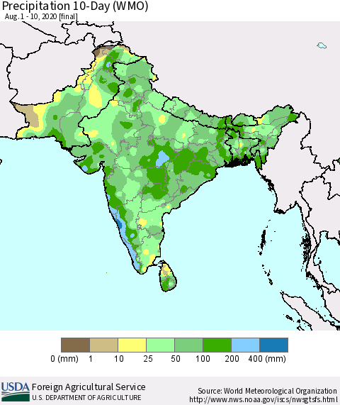 Southern Asia Precipitation 10-Day (WMO) Thematic Map For 8/1/2020 - 8/10/2020