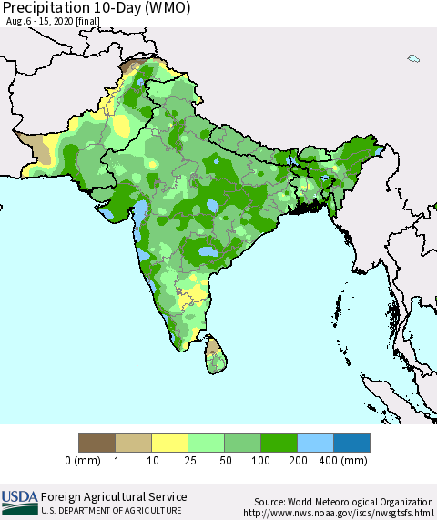 Southern Asia Precipitation 10-Day (WMO) Thematic Map For 8/6/2020 - 8/15/2020