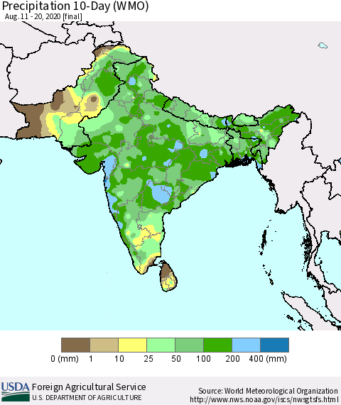 Southern Asia Precipitation 10-Day (WMO) Thematic Map For 8/11/2020 - 8/20/2020