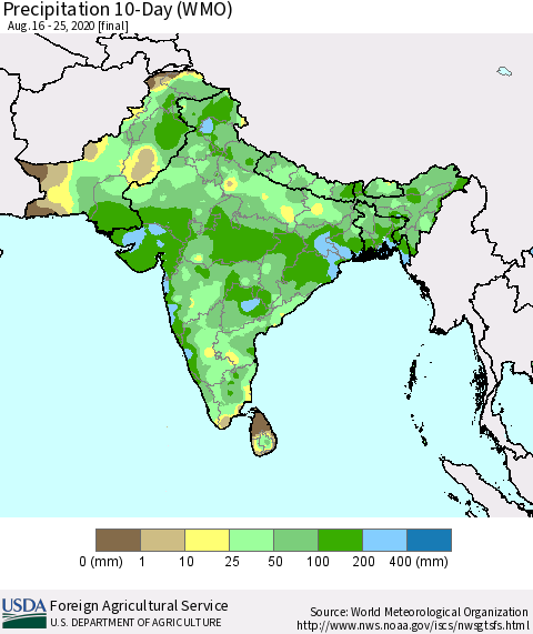 Southern Asia Precipitation 10-Day (WMO) Thematic Map For 8/16/2020 - 8/25/2020