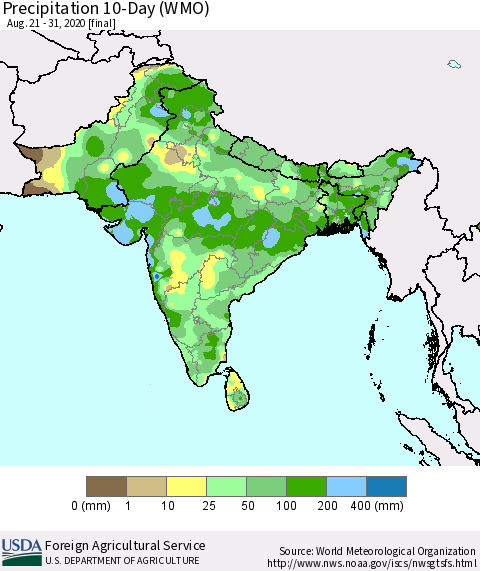 Southern Asia Precipitation 10-Day (WMO) Thematic Map For 8/21/2020 - 8/31/2020